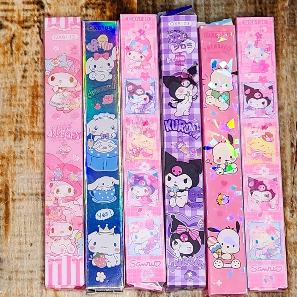 Sanrio Hello Kitty & Friends Black Ink Pen Lot of 6 My Melody Kuromi Cinnamoroll